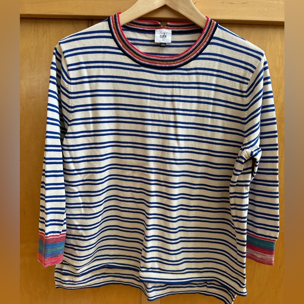 CAbi Cadet pullover sz S blue/cream + multi color trim